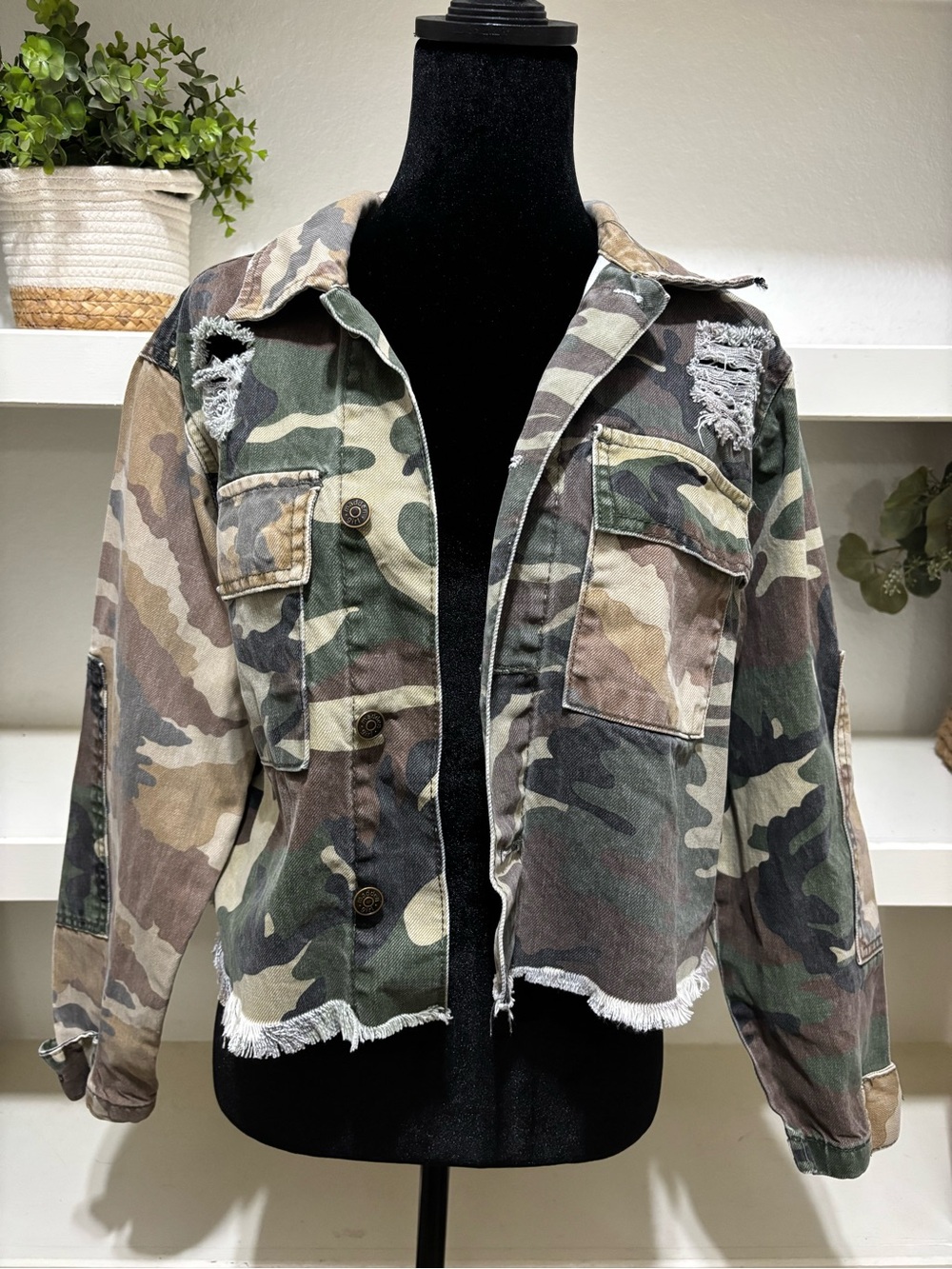 Madden Girl Camouflage Distressed Utility Jacket - Green/Brown